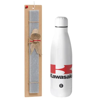 Kawasaki, Easter Set, metallic stainless thermos bottle (500ml) & scented flat Easter candle (30cm) (GRAY)