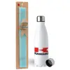 Easter Set, metallic stainless steel water bottle (750ml) & aromatic flat Easter candle (30cm) (TURQUOISE)