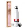 Easter Set, metallic stainless steel water bottle (750ml) & scented flat Easter candle (30cm) (PINK)