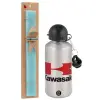 Easter Set, metallic silver aluminum water bottle (500ml) & scented flat Easter candle (30cm) (TURQUOISE)