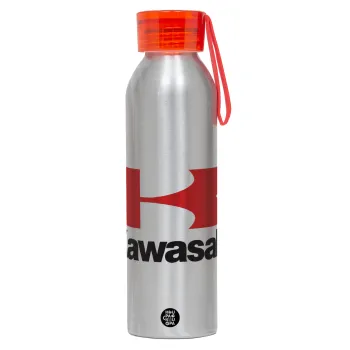 Kawasaki, Αλουμινένιο Αθλητικό Μπουκάλι 650ml – Ασημί με Κόκκινο Καπάκι και Λουράκι Σιλικόνης