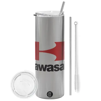 Kawasaki, Tumbler stainless steel Silver 600ml, with metal straw & cleaning brush