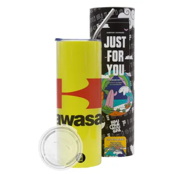 Kawasaki, Neon Yellow Travel Tumbler θερμό, μεταλλικό καλαμάκι(Ανωξείδωτο 304 Food grade, BPA free, 600ml)
