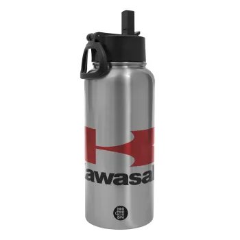 Kawasaki, Μεταλλικό παγούρι θερμός Silver με καλαμάκι και χερούλι (Stainless steel), διπλού τοιχώματος, 950ml