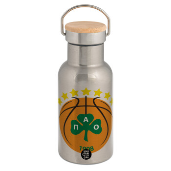 PAO BC, Stainless steel metallic thermos flask, silver with a bamboo lid, double-walled, 350ml.