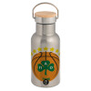 Stainless steel metallic thermos flask, silver with a bamboo lid, double-walled, 350ml.