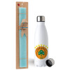 Easter Set, metallic stainless steel water bottle (750ml) & aromatic flat Easter candle (30cm) (TURQUOISE)