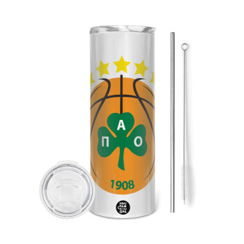 ΠΑΟ BC, Tumbler ποτήρι θερμό από ανοξείδωτο ατσάλι 600ml, με μεταλλικό καλαμάκι & βούρτσα καθαρισμού