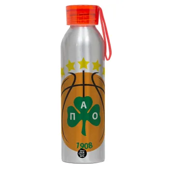 ΠΑΟ BC, Αλουμινένιο Αθλητικό Μπουκάλι 650ml – Ασημί με Κόκκινο Καπάκι και Λουράκι Σιλικόνης