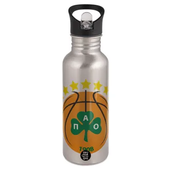 ΠΑΟ BC, Παγούρι νερού Ασημένιο με καλαμάκι, ανοξείδωτο ατσάλι 600ml