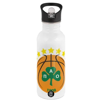 ΠΑΟ BC, Παγούρι νερού Λευκό με καλαμάκι, ανοξείδωτο ατσάλι 600ml