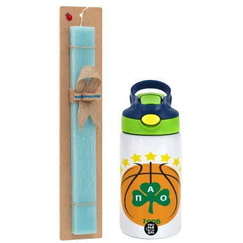 PAO BC, Easter Set, Children's thermal stainless steel bottle with safety straw, green/blue (350ml) & aromatic flat Easter candle (30cm) (TURQUOISE)
