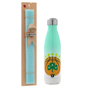 PAO BC, Easter Set, Metallic green/white thermos (Stainless steel), double-walled, 500ml & scented flat Easter candle (30cm) (TURQUOISE)