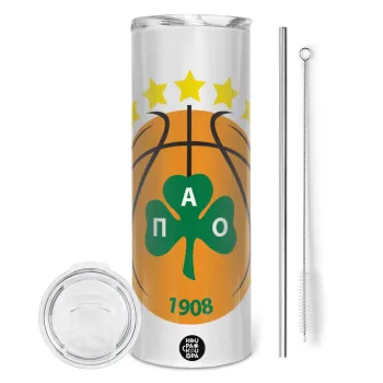 ΠΑΟ BC, Tumbler ποτήρι θερμό από ανοξείδωτο ατσάλι 600ml, με μεταλλικό καλαμάκι & βούρτσα καθαρισμού