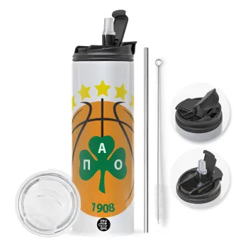 ΠΑΟ BC, Travel Tumbler θερμό με διπλό καπάκι, μεταλλικό καλαμάκι και βούρτσα καθαρισμού (Ανωξείδωτο 304 Food grade, BPA free, 600ml)