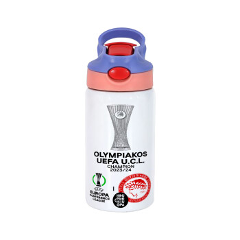 Olympiacos UEFA Europa Conference League Champion 2023/24, Children's hot water bottle, stainless steel, with safety straw, pink/purple (350ml)