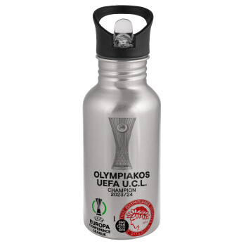 Olympiacos UEFA Europa Conference League Champion 2023/24, Water bottle Silver with straw, stainless steel 500ml