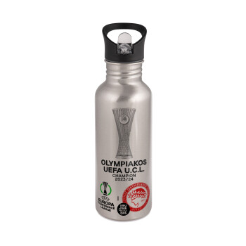 Olympiacos UEFA Europa Conference League Champion 2023/24, Water bottle Silver with straw, stainless steel 600ml