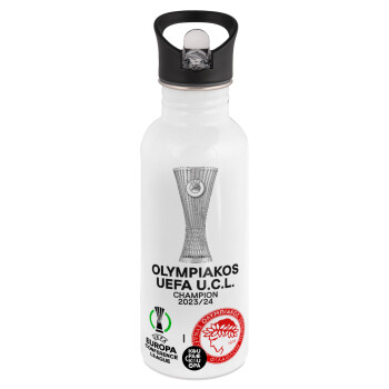 Olympiacos UEFA Europa Conference League Champion 2023/24, White water bottle with straw, stainless steel 600ml