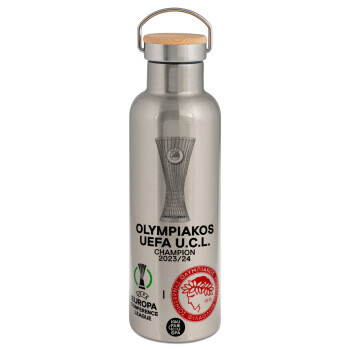 Olympiacos UEFA Europa Conference League Champion 2023/24, Stainless steel Silver with wooden lid (bamboo), double wall, 750ml