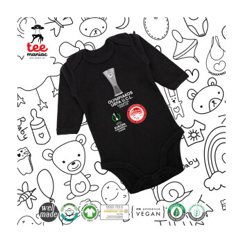 Olympiacos UEFA Europa Conference League Champion 2023/24, Μακρυμάνικο βρεφικό φορμάκι, 0-18 μηνών, ΜΑΥΡΟ, 100% Organic Cotton