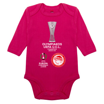 Ολυμπιακός νικητής UEFA Europa Conference League Champion 2023/24, Μακρυμάνικο βρεφικό φορμάκι, 0-18 μηνών, ΡΟΖ, 100% Organic Cotton