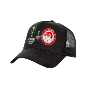 Ολυμπιακός νικητής UEFA Europa Conference League Champion 2023/24, Καπέλο Ενηλίκων Structured Trucker, με Δίχτυ, (παραλλαγή) Army σκούρο (100% ΒΑΜΒΑΚΕΡΟ, ΕΝΗΛΙΚΩΝ, UNISEX, ONE SIZE)