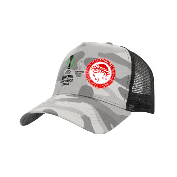 Ολυμπιακός νικητής UEFA Europa Conference League Champion 2023/24, Καπέλο Ενηλίκων Structured Trucker, με Δίχτυ, (παραλλαγή) Army Camo (100% ΒΑΜΒΑΚΕΡΟ, ΕΝΗΛΙΚΩΝ, UNISEX, ONE SIZE)