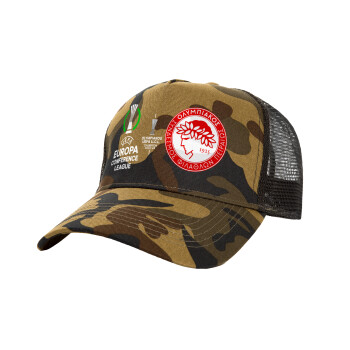 Ολυμπιακός νικητής UEFA Europa Conference League Champion 2023/24, Καπέλο Ενηλίκων Structured Trucker, με Δίχτυ, (παραλλαγή) Army (100% ΒΑΜΒΑΚΕΡΟ, ΕΝΗΛΙΚΩΝ, UNISEX, ONE SIZE)