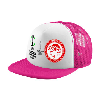 Olympiacos UEFA Europa Conference League Champion 2023/24, Καπέλο Ενηλίκων Soft Trucker με Δίχτυ Pink/White (POLYESTER, ΕΝΗΛΙΚΩΝ, UNISEX, ONE SIZE)