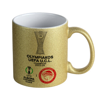Olympiacos UEFA Europa Conference League Champion 2023/24, Κούπα Χρυσή Glitter που γυαλίζει, κεραμική, 330ml