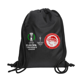 Olympiacos UEFA Europa Conference League Champion 2023/24, Τσάντα πλάτης πουγκί GYMBAG Μαύρη, με τσέπη (40x48cm) & χονδρά κορδόνια