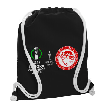 Olympiacos UEFA Europa Conference League Champion 2023/24, Τσάντα πλάτης πουγκί GYMBAG Μαύρη, με τσέπη (40x48cm) & χονδρά λευκά κορδόνια