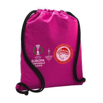 Olympiacos UEFA Europa Conference League Champion 2023/24, Τσάντα πλάτης πουγκί GYMBAG Φούξια, με τσέπη (40x48cm) & χονδρά κορδόνια