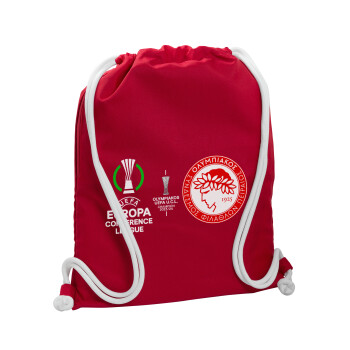 Ολυμπιακός νικητής UEFA Europa Conference League Champion 2023/24, Τσάντα πλάτης πουγκί GYMBAG Κόκκινη, με τσέπη (40x48cm) & χονδρά κορδόνια