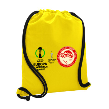 Olympiacos UEFA Europa Conference League Champion 2023/24, Τσάντα πλάτης πουγκί GYMBAG Κίτρινη, με τσέπη (40x48cm) & χονδρά κορδόνια