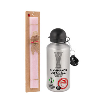 Olympiacos UEFA Europa Conference League Champion 2023/24, Easter Set, metallic Silver aluminum water bottle (500ml) & scented flat Easter candle (30cm) (PINK)