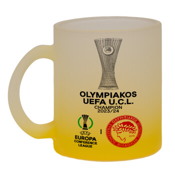 Olympiacos UEFA Europa Conference League Champion 2023/24, Κούπα γυάλινη δίχρωμη με βάση το κίτρινο ματ, 330ml