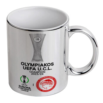 Ολυμπιακός νικητής UEFA Europa Conference League Champion 2023/24, Κούπα κεραμική, ασημένια καθρέπτης, 330ml