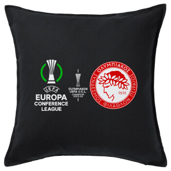 Olympiacos UEFA Europa Conference League Champion 2023/24, Μαξιλάρι καναπέ Μαύρο 100% βαμβάκι, περιέχεται το γέμισμα (50x50cm)