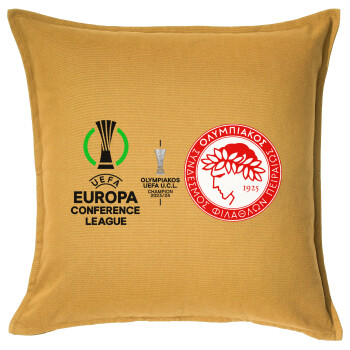 Olympiacos UEFA Europa Conference League Champion 2023/24, Μαξιλάρι καναπέ Κίτρινο 100% βαμβάκι, περιέχεται το γέμισμα (50x50cm)