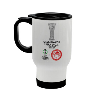 Olympiacos UEFA Europa Conference League Champion 2023/24, Κούπα ταξιδιού ανοξείδωτη με καπάκι, διπλού τοιχώματος (θερμό) λευκή 450ml