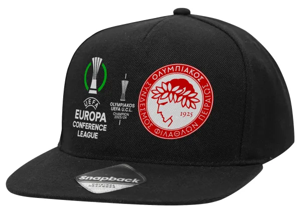 Ολυμπιακός νικητής UEFA Europa Conference League Champion 2023/24 — Καπέλο Ενηλίκων Flat Snapback Μαύρο, (100% ΒΑΜΒΑΚΕΡΟ TWILL, ΕΝΗΛΙΚΩΝ, UNISEX, ONE SIZE)