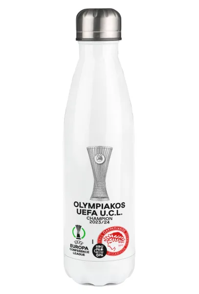 Ολυμπιακός νικητής UEFA Europa Conference League Champion 2023/24 — Μεταλλικό παγούρι θερμός Λευκό (Stainless steel), διπλού τοιχώματος, 500ml