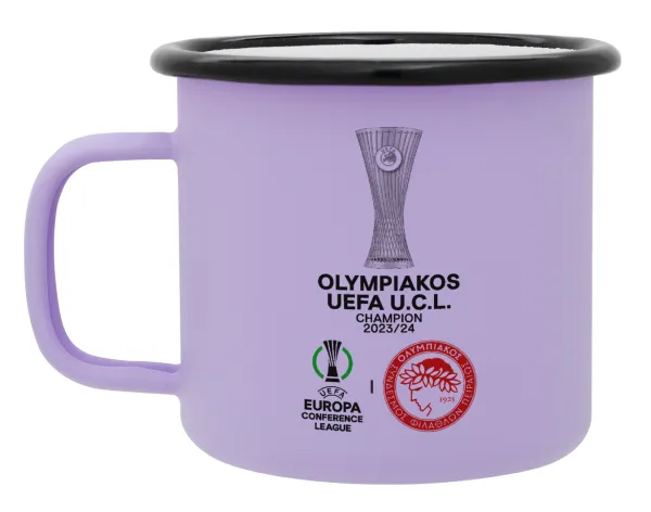 Olympiacos UEFA Europa Conference League Champion 2023/24 — Metal enamel mug, matte light pastel purple, 360ml