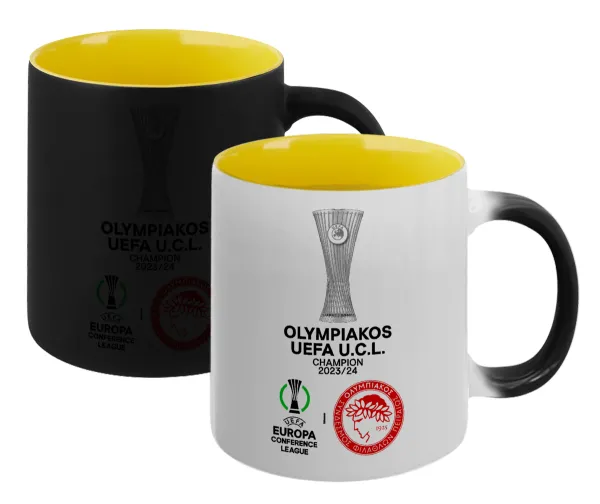 Ολυμπιακός νικητής UEFA Europa Conference League Champion 2023/24 — Κούπα Μαγική εσωτερικό κίτρινη, κεραμική 330ml που αλλάζει χρώμα με το ζεστό ρόφημα