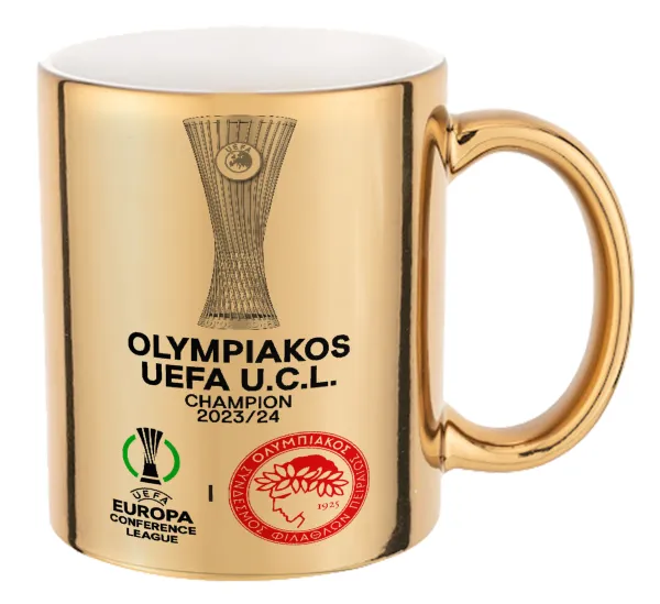 Ολυμπιακός νικητής UEFA Europa Conference League Champion 2023/24 — Κούπα κεραμική, χρυσή καθρέπτης, 330ml