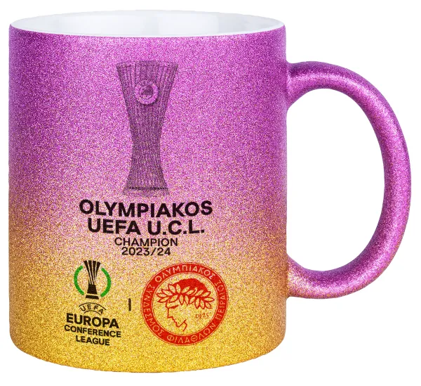 Olympiacos UEFA Europa Conference League Champion 2023/24 — Gold/pink glitter mug, ceramic, 330ml