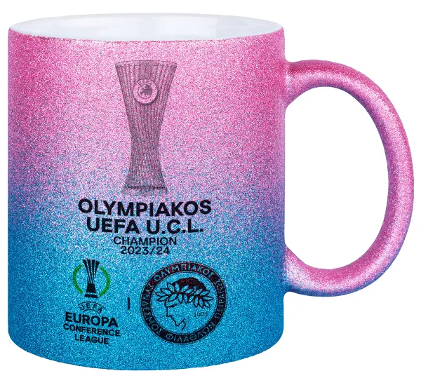 Olympiacos UEFA Europa Conference League Champion 2023/24 — Gold/blue glitter mug, ceramic, 330ml