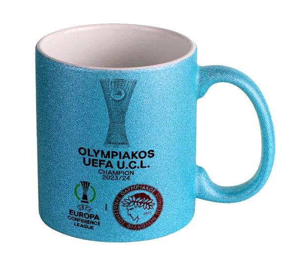 Ολυμπιακός νικητής UEFA Europa Conference League Champion 2023/24 — Κούπα Σιέλ Glitter που γυαλίζει, κεραμική, 330ml